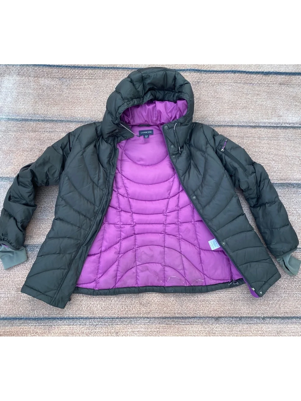 Lands' End down puffer quilted black parka winter coat jacket parka M 10 12